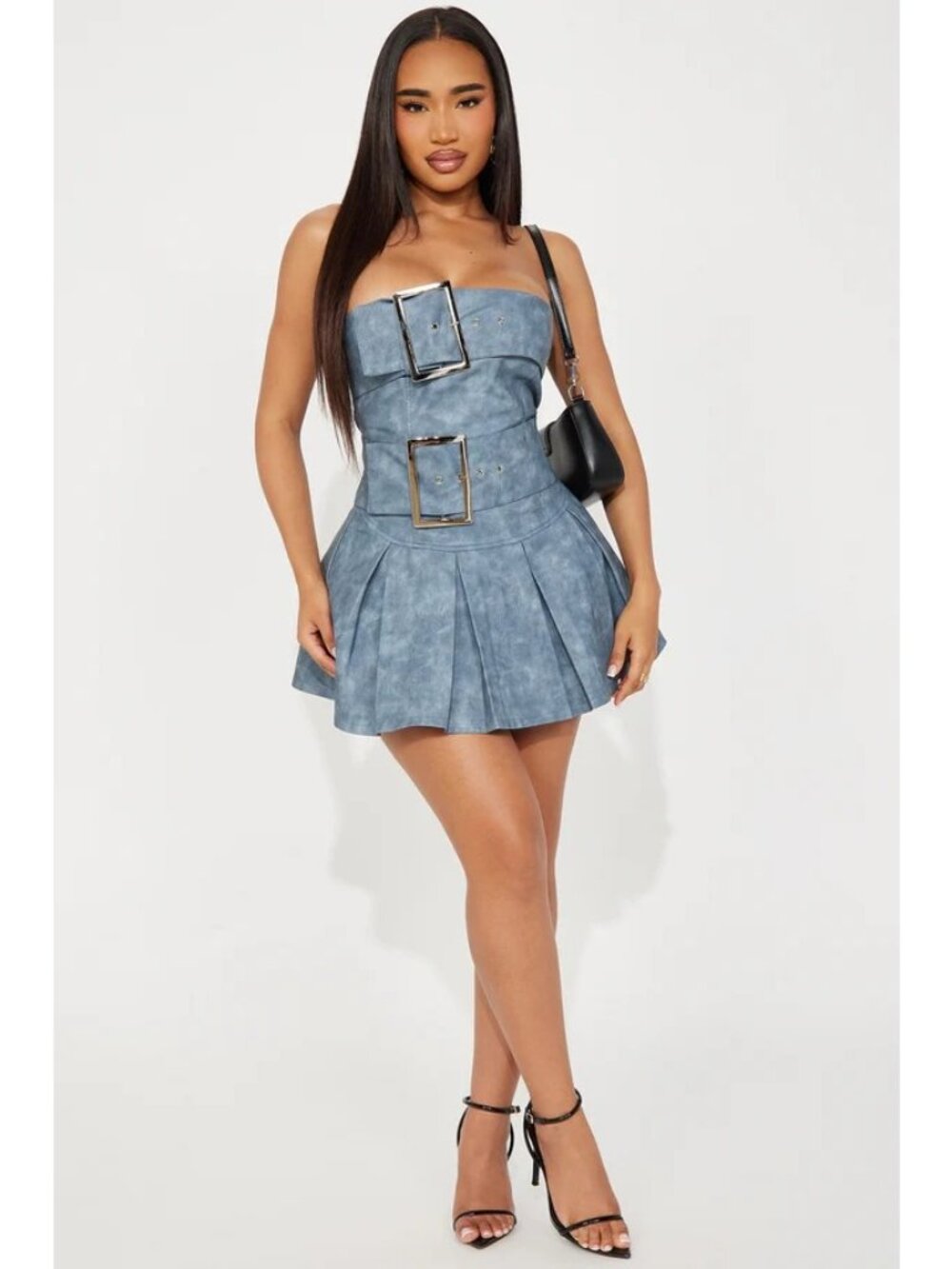 Fashion Nova Dress 2X Pia Faux Leather Mini Slate Blue Belt Back Zipper Closure - Picture 2 of 10
